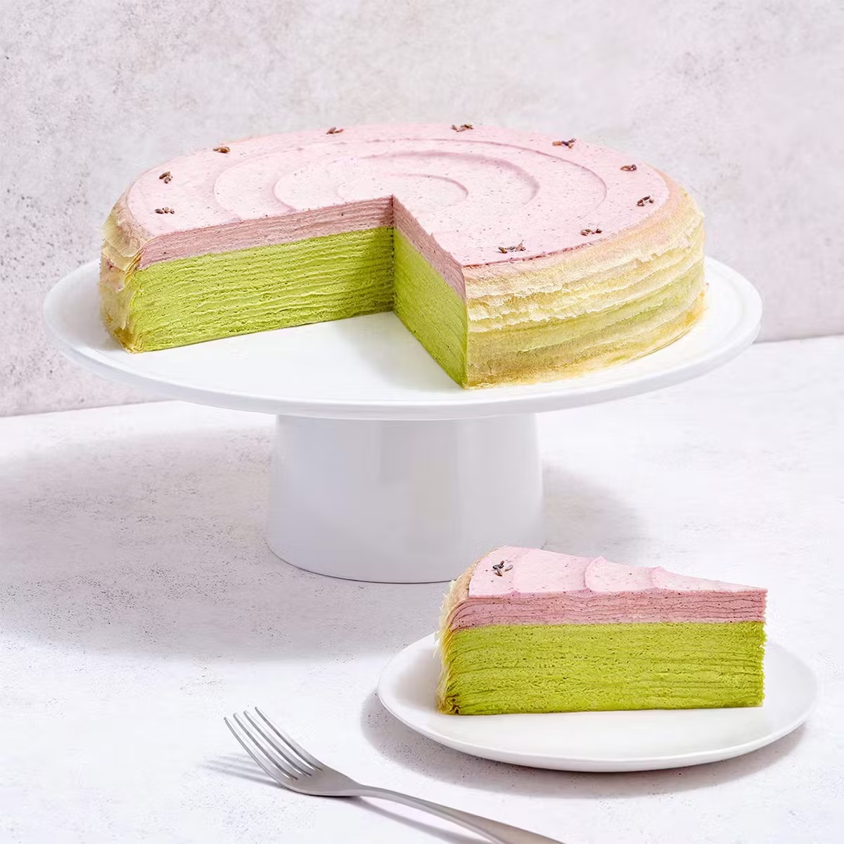 Lavender Matcha Mille Crêpes Cake