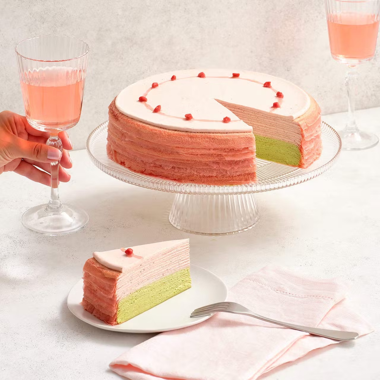 Strawberry Matcha Mille Crêpes Cake