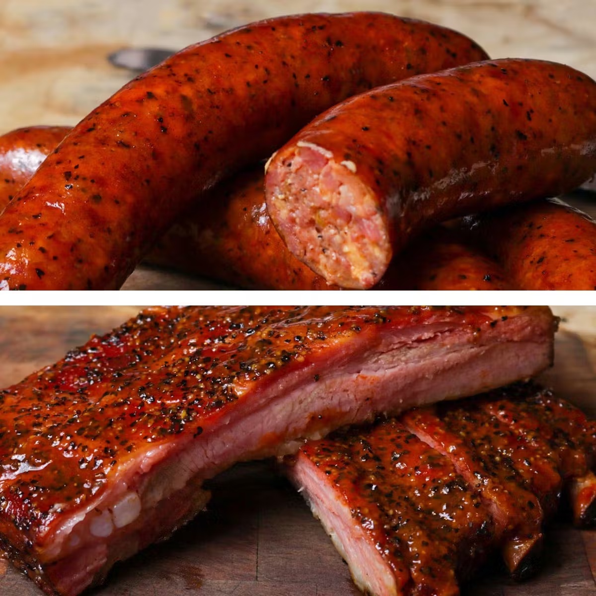 BBQ Sampler: 1 Rack Pork Spare Ribs + 5 Jalapeno Cheddar Sausages