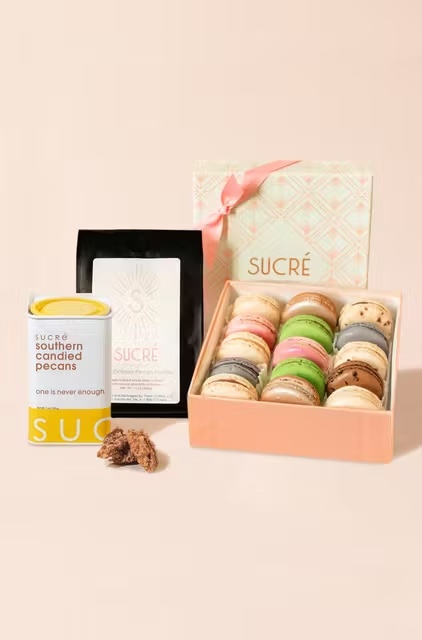 Signature Macarons + Candied Pecans + Pecan Coffee â Box of 15 + 1 Tin + 1 Bag