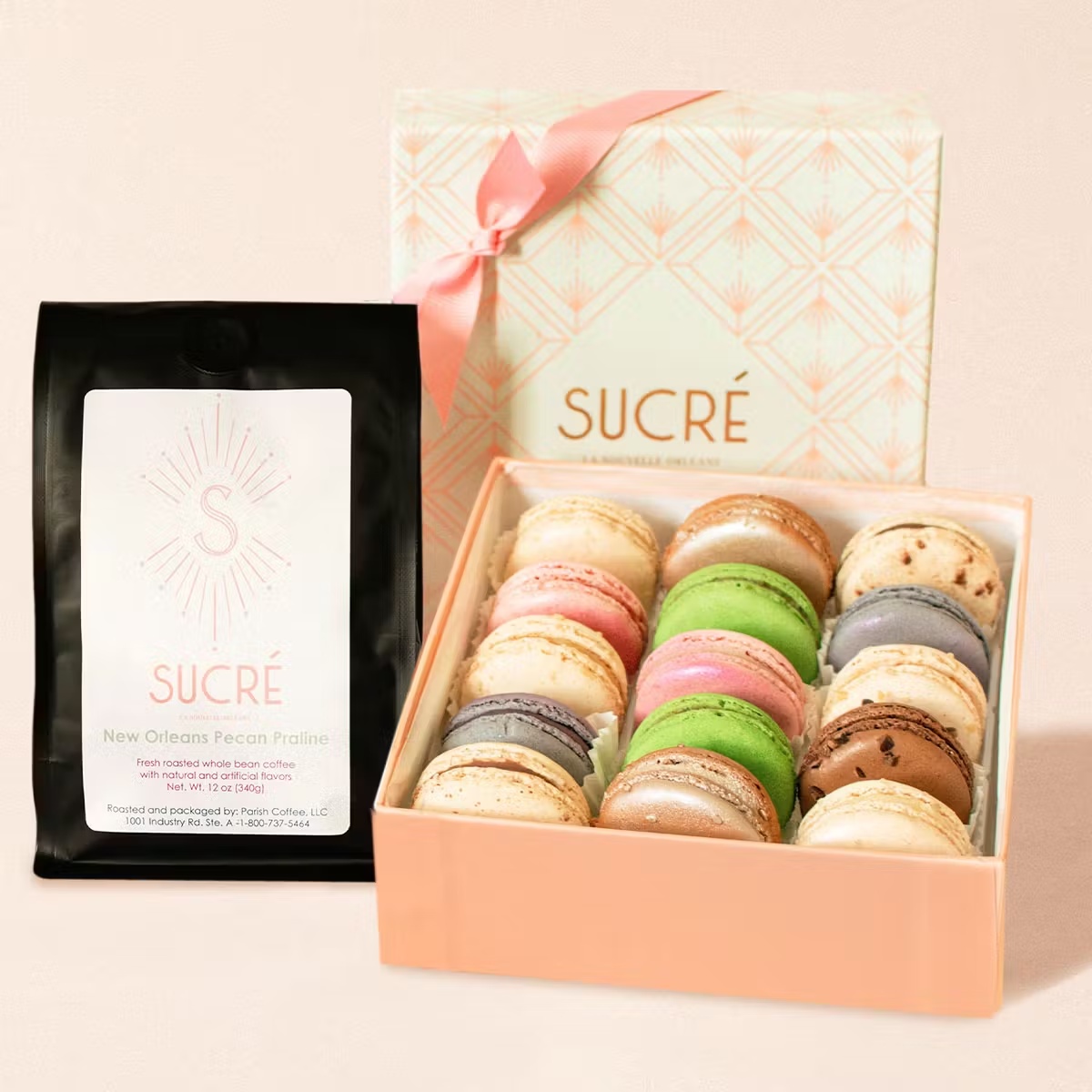 Signature Macarons + Pecan Coffee â Box of 15 + 1 Bag