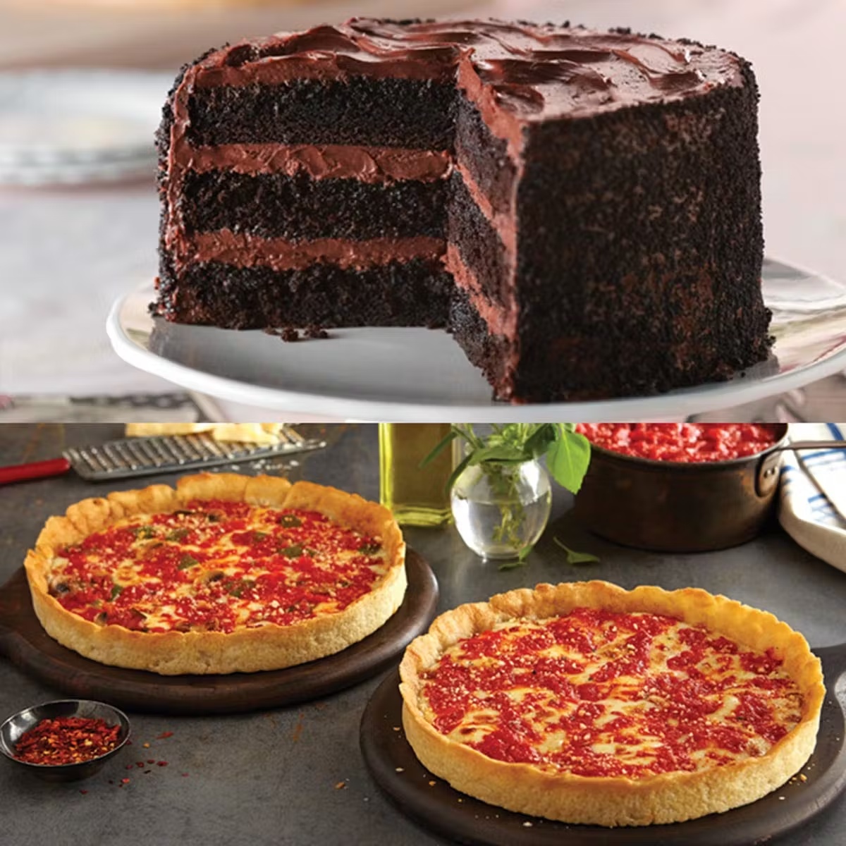 2 Lou Malnati's Deep Dish Pizzas + Lezza Chocolate Cake