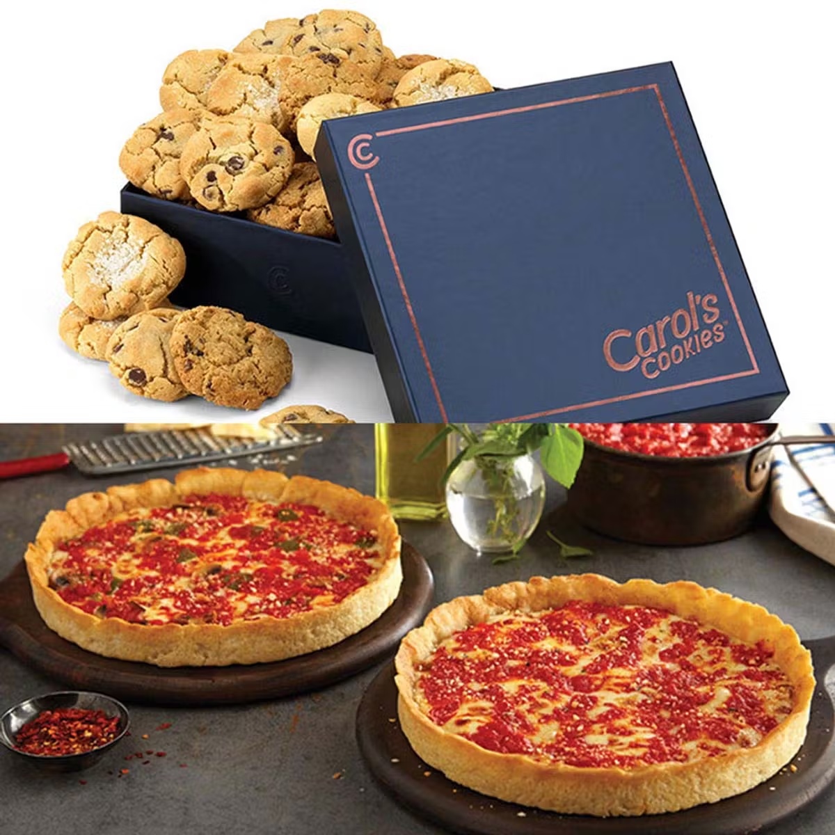 2 Lou Malnati's Deep Dish Pizzas + 30 Carol's Cookies Mini Gift Box