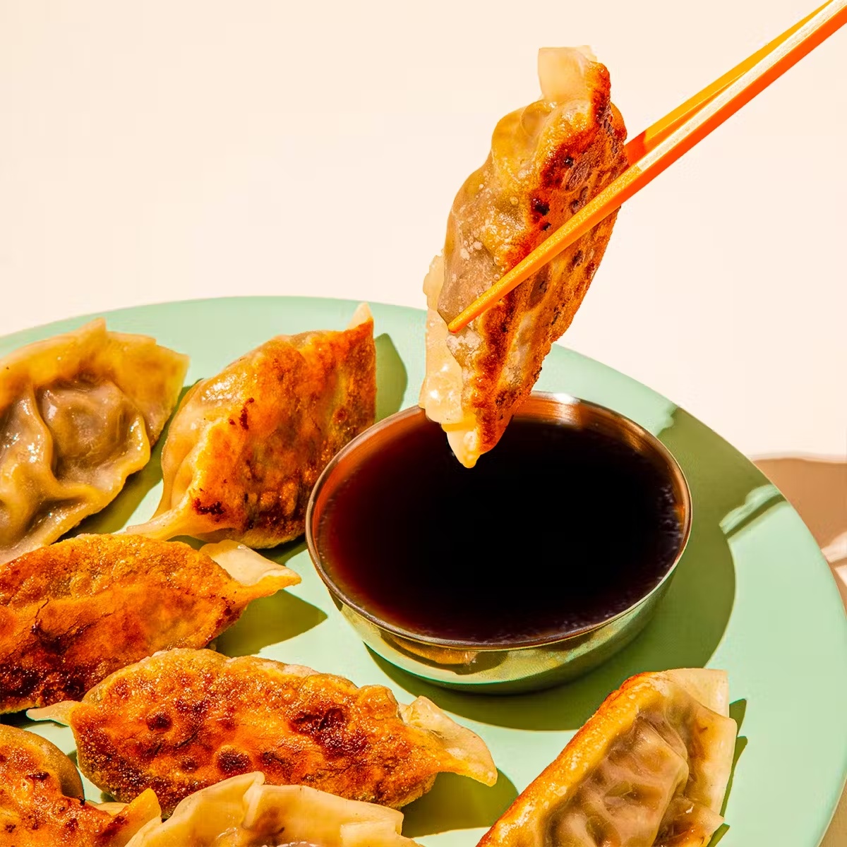 Smoked Cheesesteak Potstickers + Chile Crisp Dipping Sauce