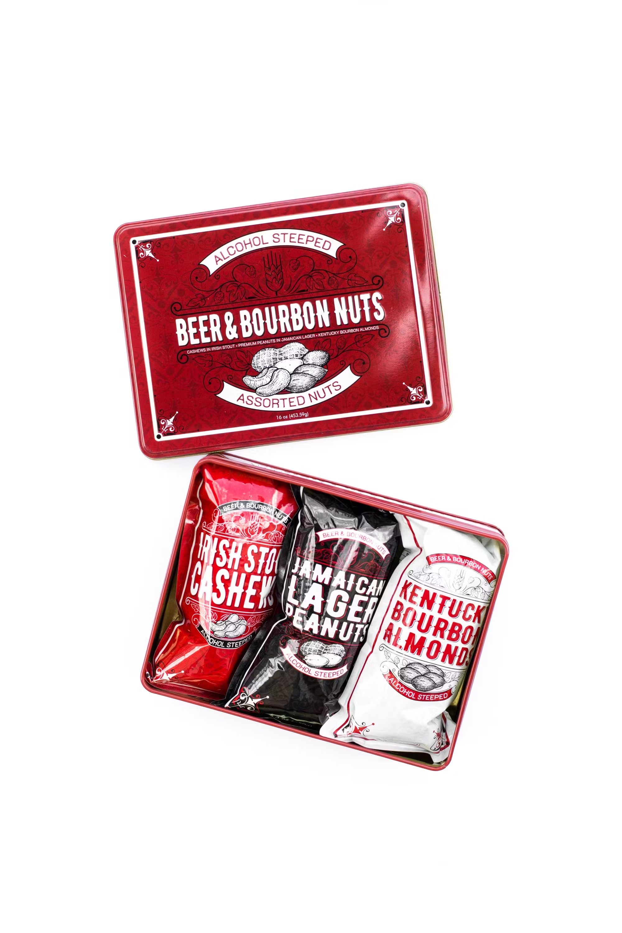 Beer and Bourbon Liquor Nuts Gift Tin