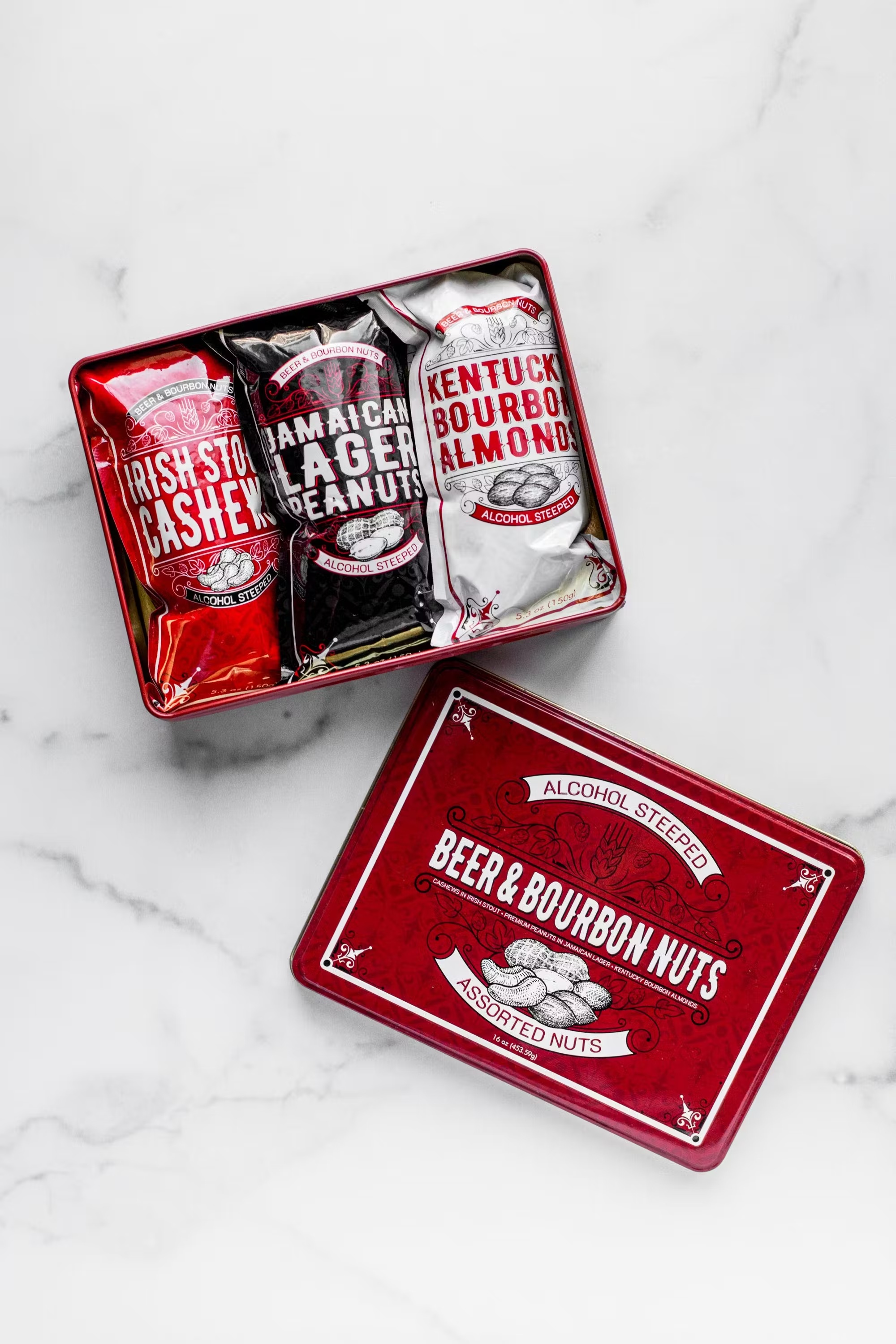 Beer and Bourbon Liquor Nuts Gift Tin